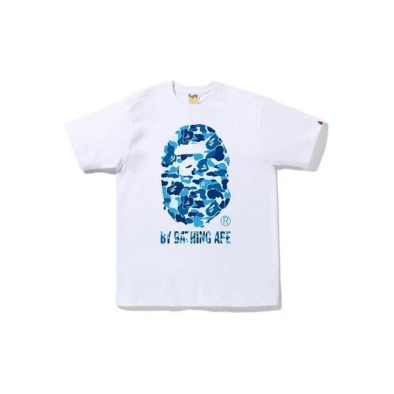 White BAPE T-Shirt with Blue Camo Ape Head and "BY BATHING APE" Logo